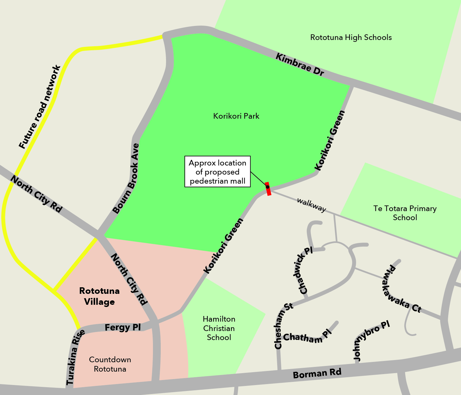 Korikori Green map indicating approximate location of pedestrian mall