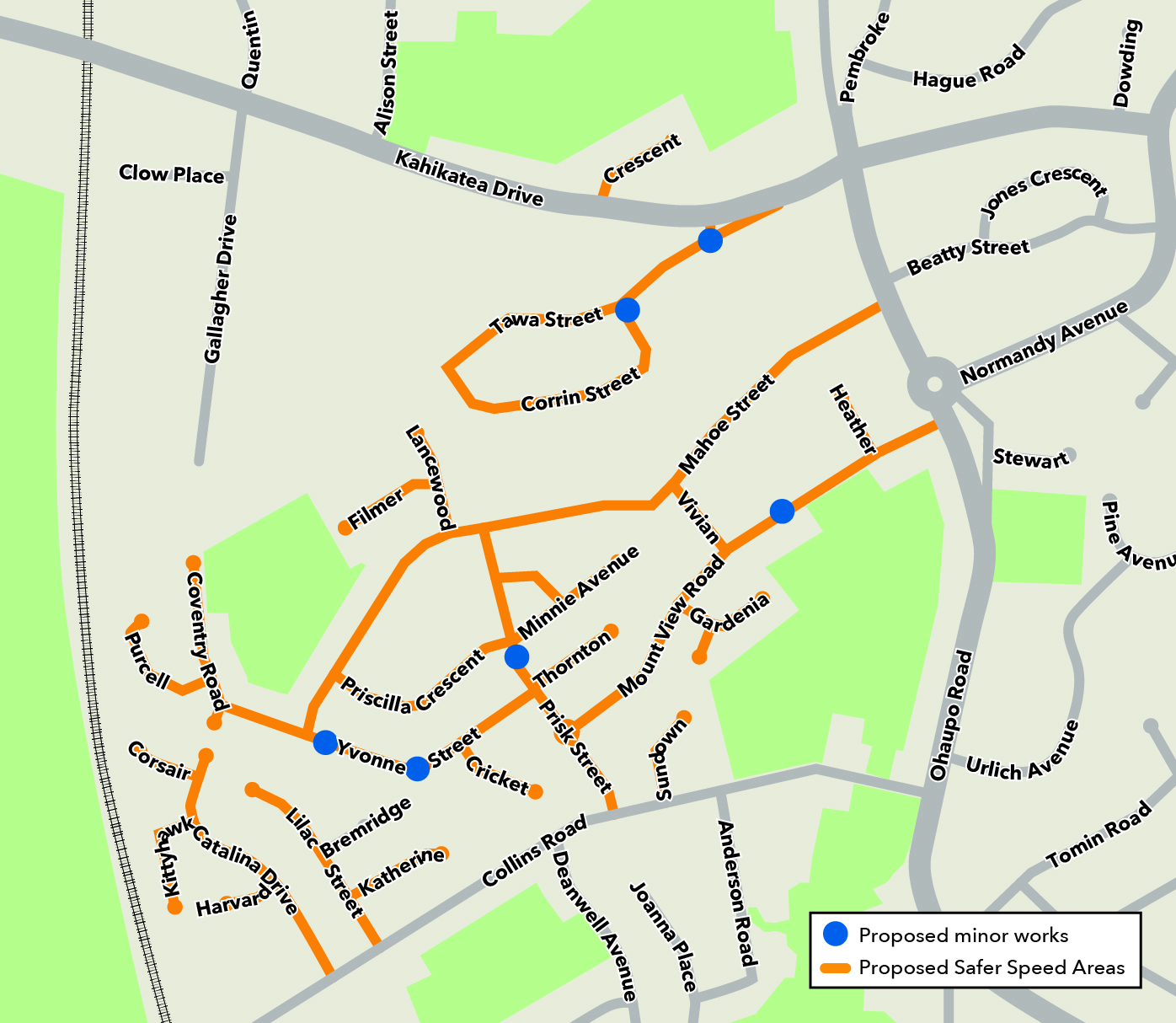 Map showing proposed safer speed areas of Mahoe Street and Melville area